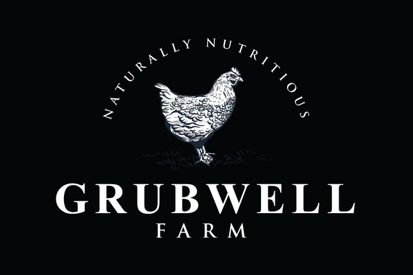 Grubwell Farm logo with a chicken illustration on a black background
